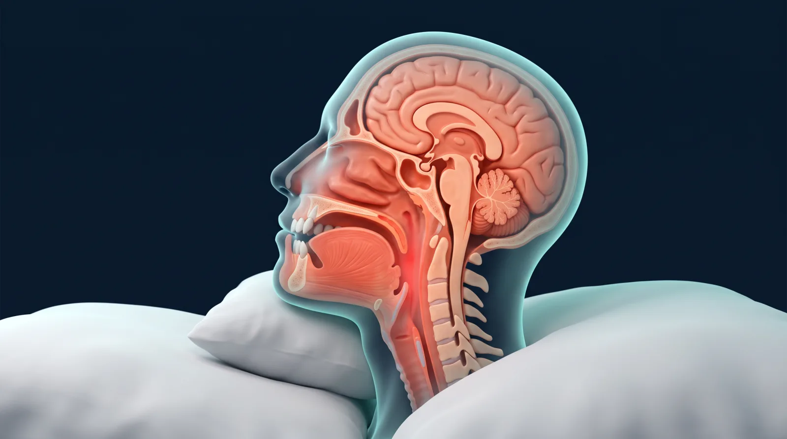 Cross-section of a sleeping head. As the slider moves, the lower jaw slides forward and the airway behind the tongue opens.