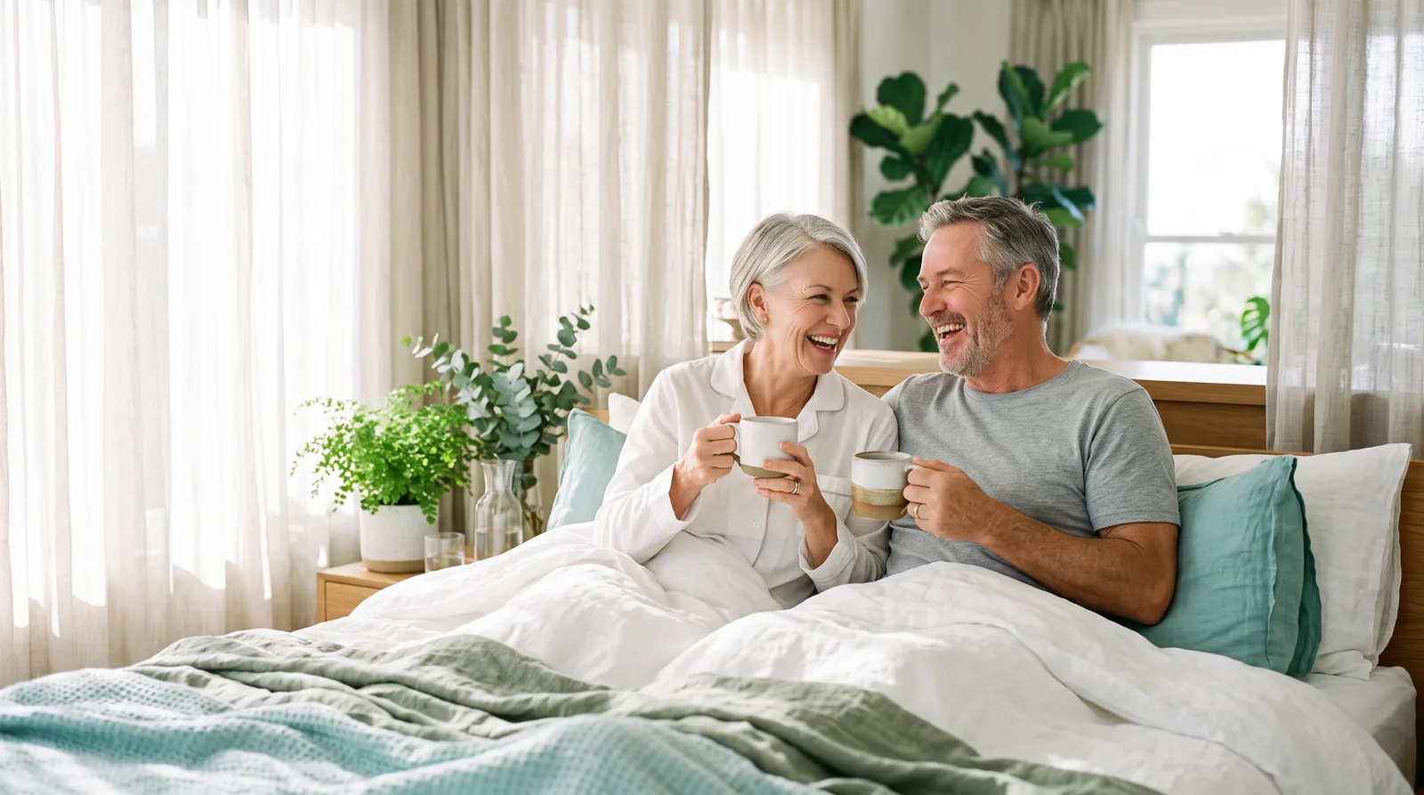 A well-rested couple laughing over coffee in bed.