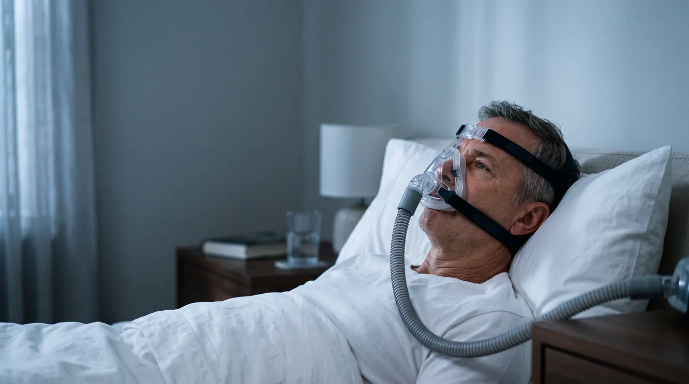A man lying awake at night wearing a CPAP mask and hose.