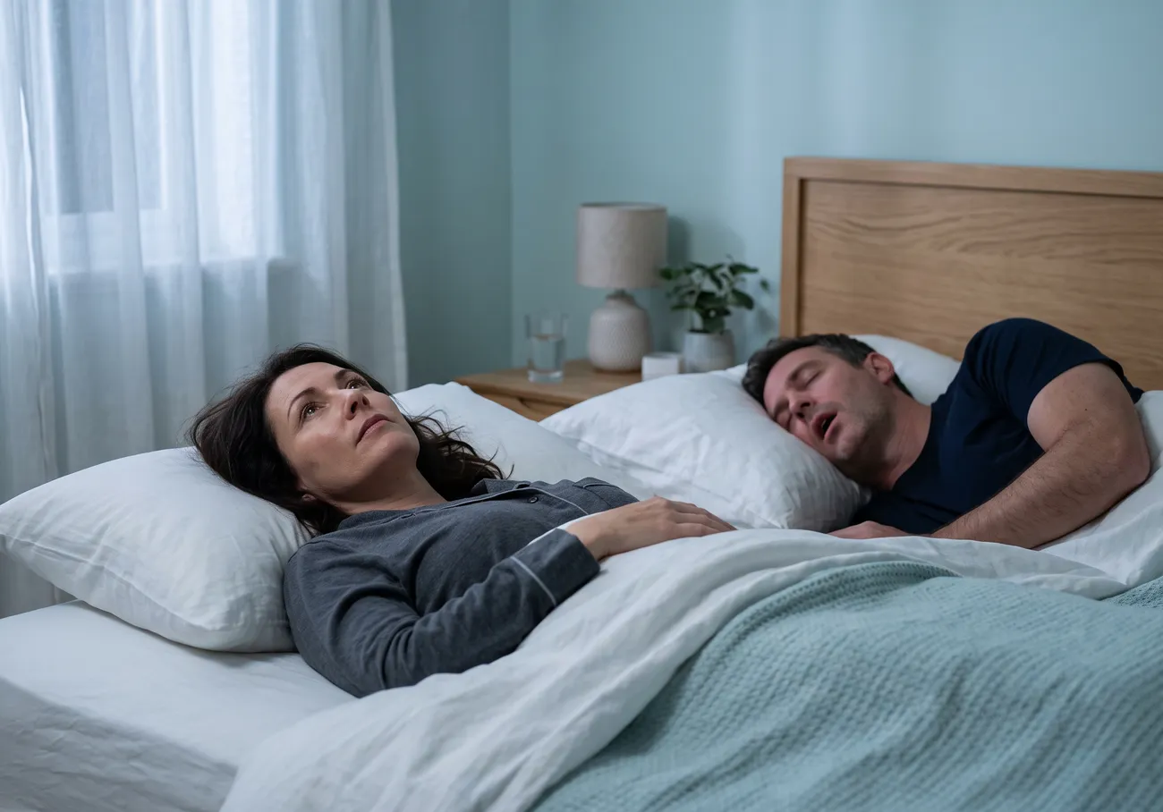 A woman lies awake at night beside her snoring partner.
