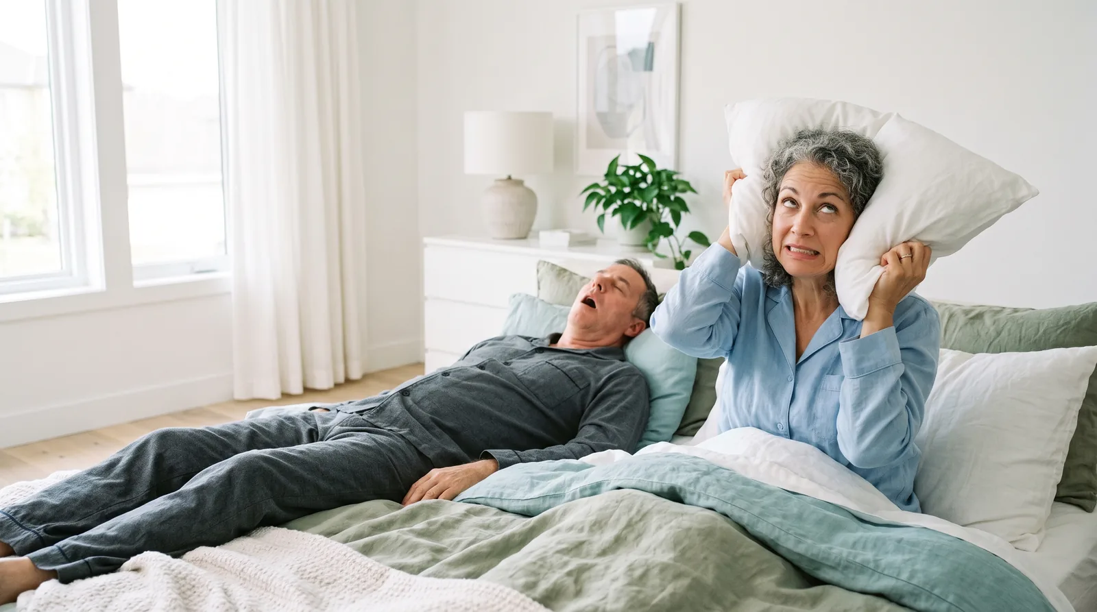 A woman holds a pillow over her ears while her partner snores.