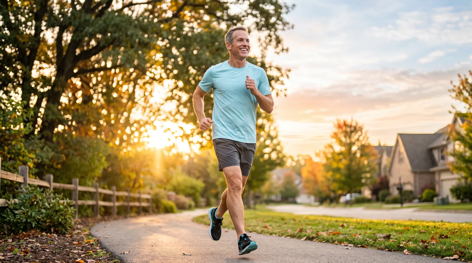 A smiling man running through a tree-lined neighborhood at sunrise.