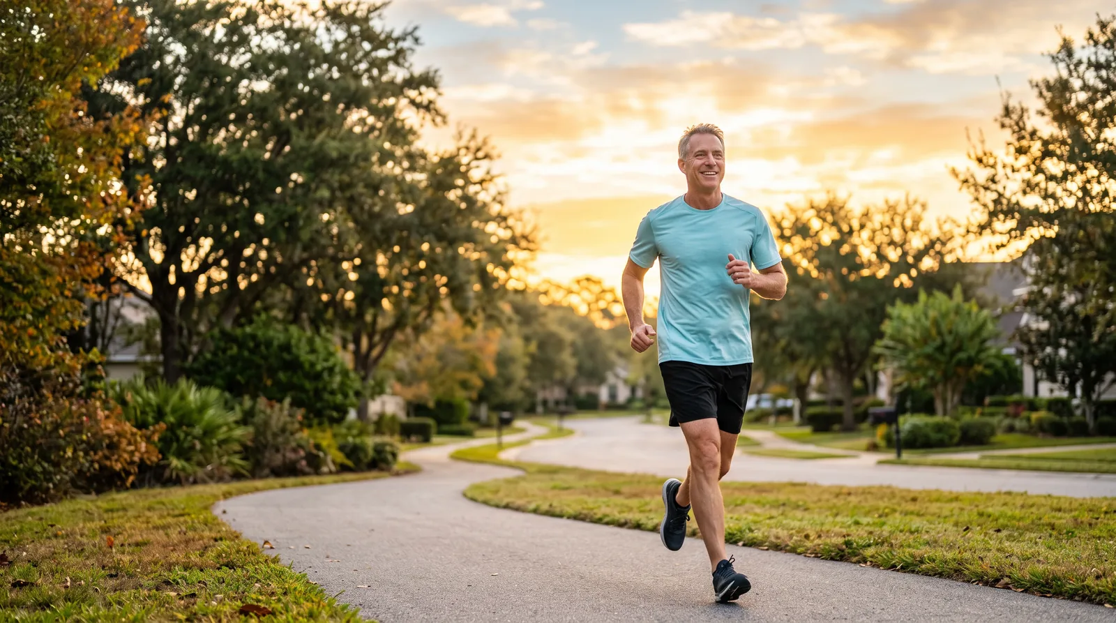 A man jogging along a neighborhood path at sunrise.