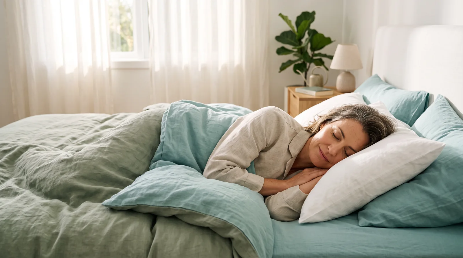 A woman sleeping peacefully on her side in her own bed.