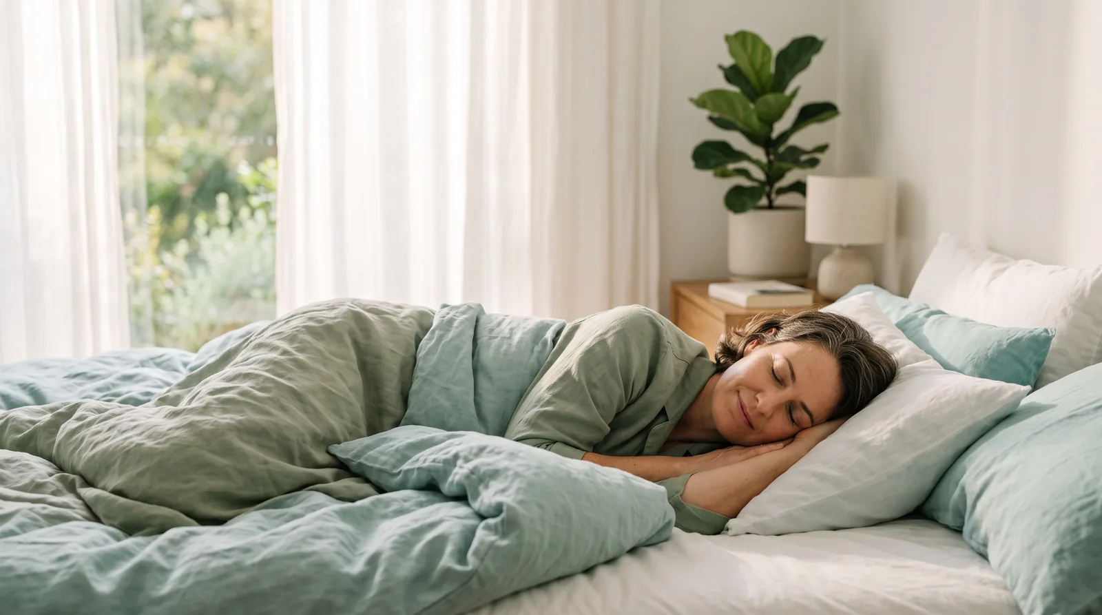 A woman sleeping peacefully on her side.