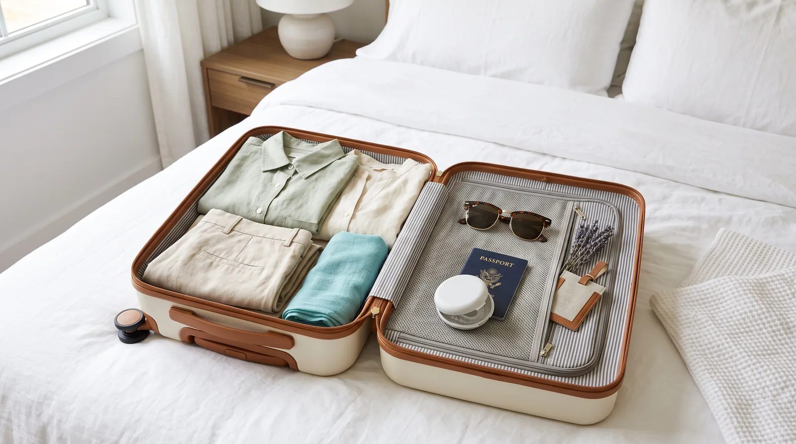 An open carry-on suitcase packed with clothes, a passport and a small appliance case.