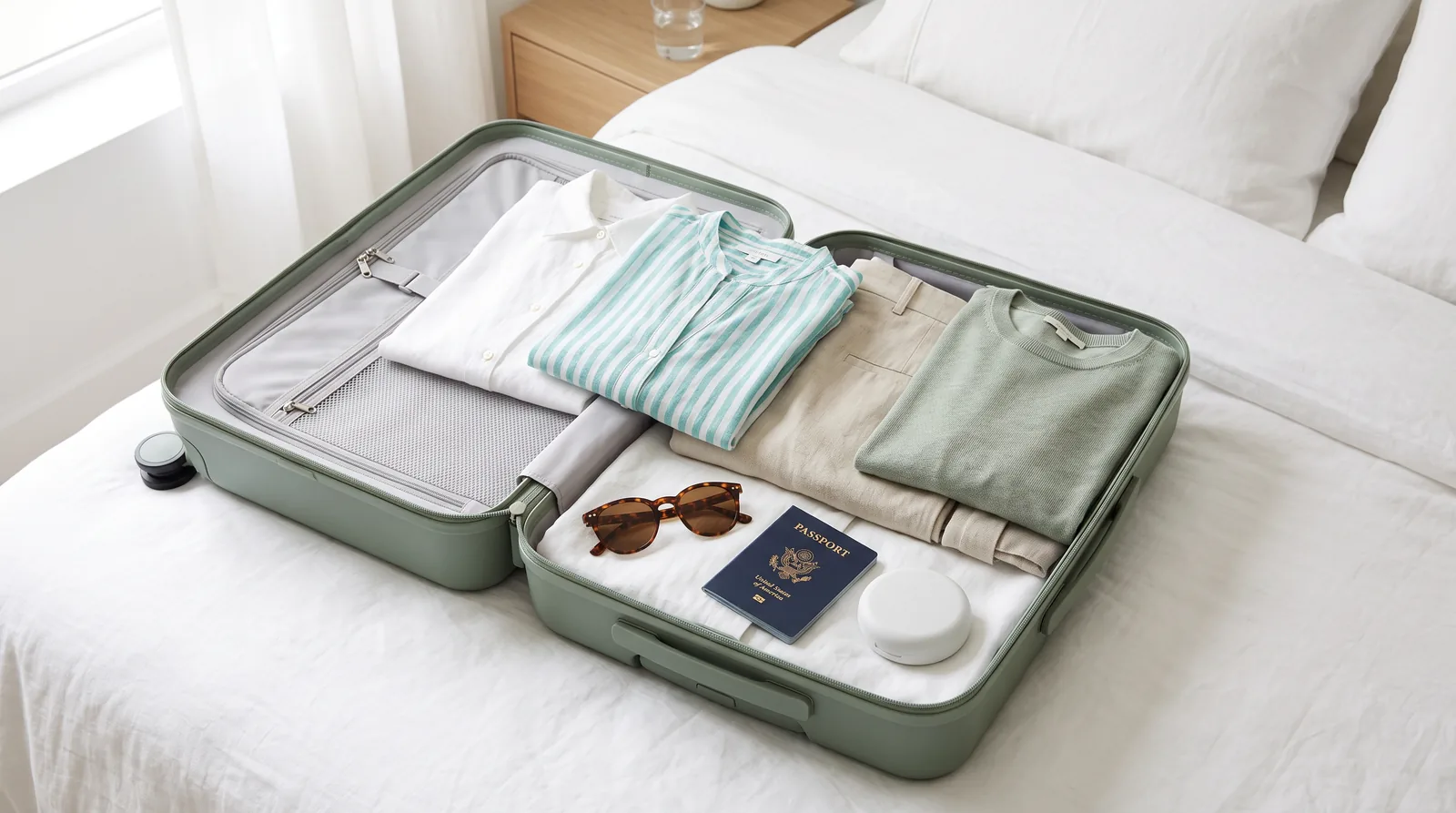 A packed carry-on with a small appliance case.